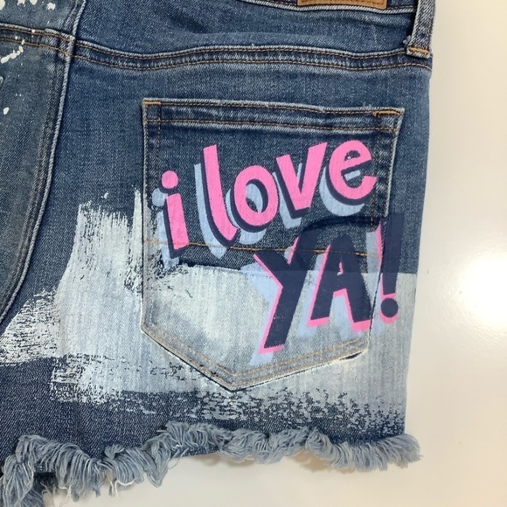 Vintage AE  hi rise festival Distressed “I love ya”  jean shorts SZ 8 EUC - Picture 7 of 14